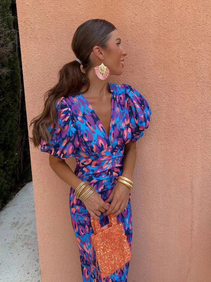 Francesca | Abito Midi Donna Colorato con Maniche Plissettate