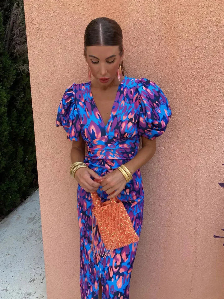Francesca | Abito Midi Donna Colorato con Maniche Plissettate